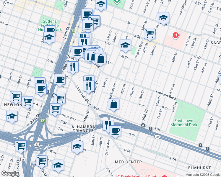 map of restaurants, bars, coffee shops, grocery stores, and more near 1544 Santa Ynez Way in Sacramento
