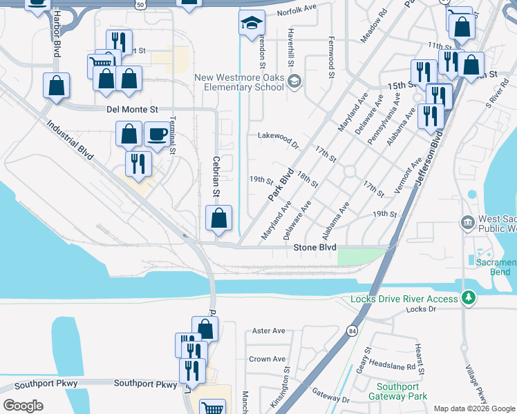 map of restaurants, bars, coffee shops, grocery stores, and more near 1928 Park Boulevard in West Sacramento