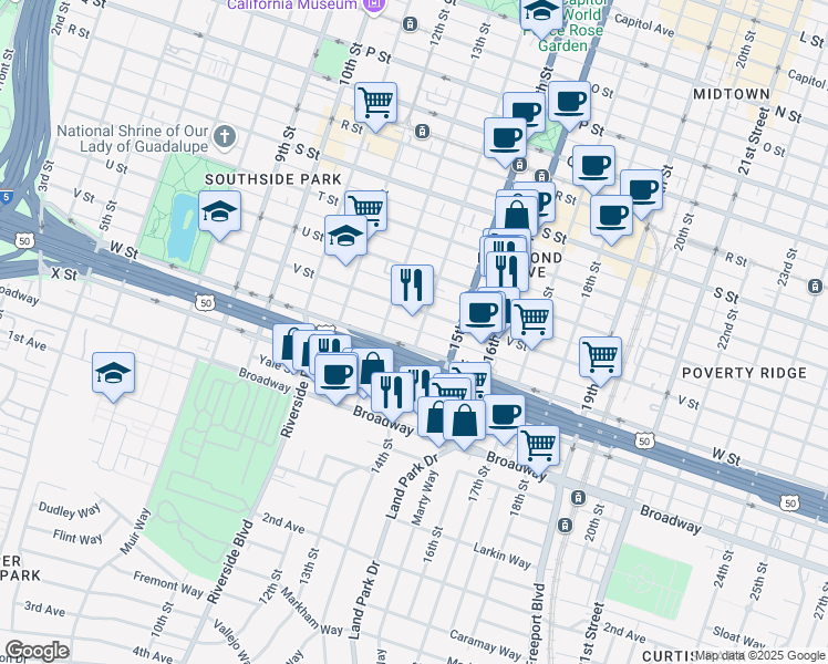 map of restaurants, bars, coffee shops, grocery stores, and more near 2216 14th Street in Sacramento