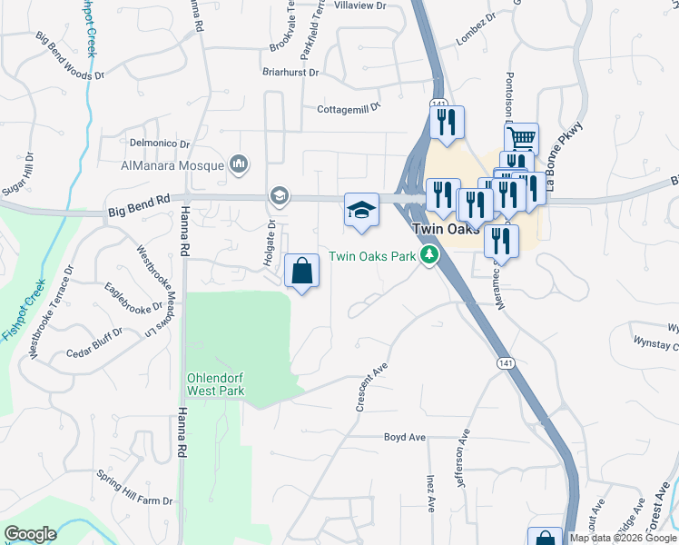 map of restaurants, bars, coffee shops, grocery stores, and more near 1430 Autumn Leaf Drive in Ballwin