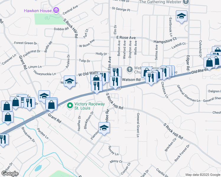 map of restaurants, bars, coffee shops, grocery stores, and more near 8571 Missouri 366 in Webster Groves