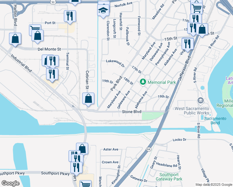 map of restaurants, bars, coffee shops, grocery stores, and more near 1906 Maryland Avenue in West Sacramento