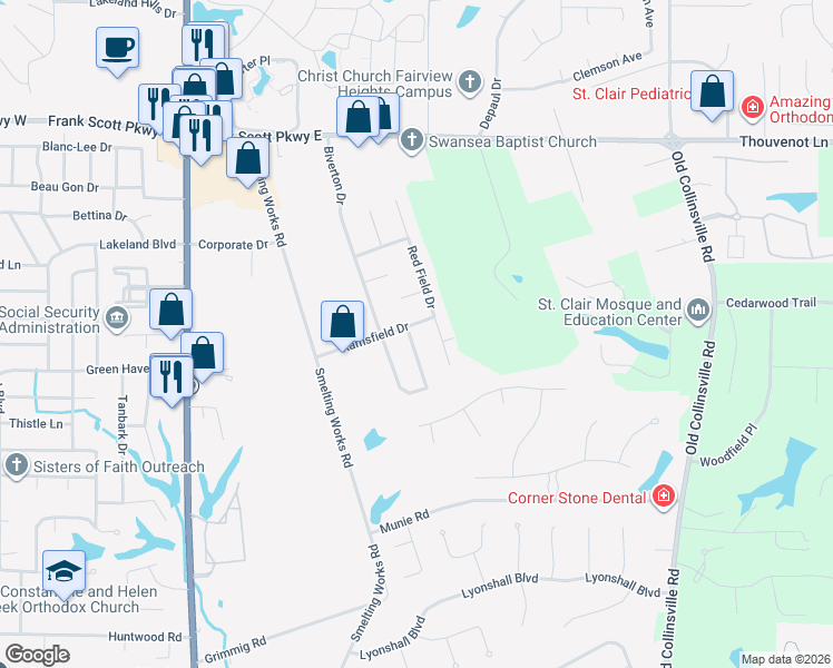 map of restaurants, bars, coffee shops, grocery stores, and more near 4180 Addiston Drive in Belleville