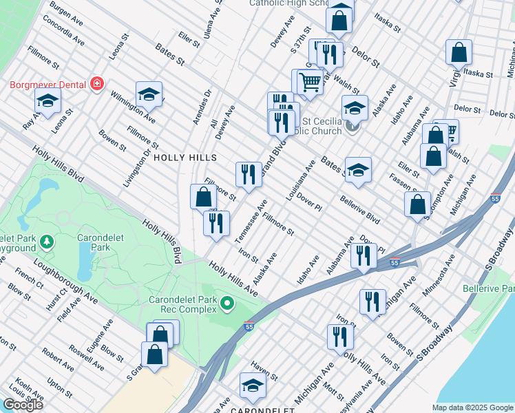 map of restaurants, bars, coffee shops, grocery stores, and more near 6021 Tennessee Avenue in St. Louis