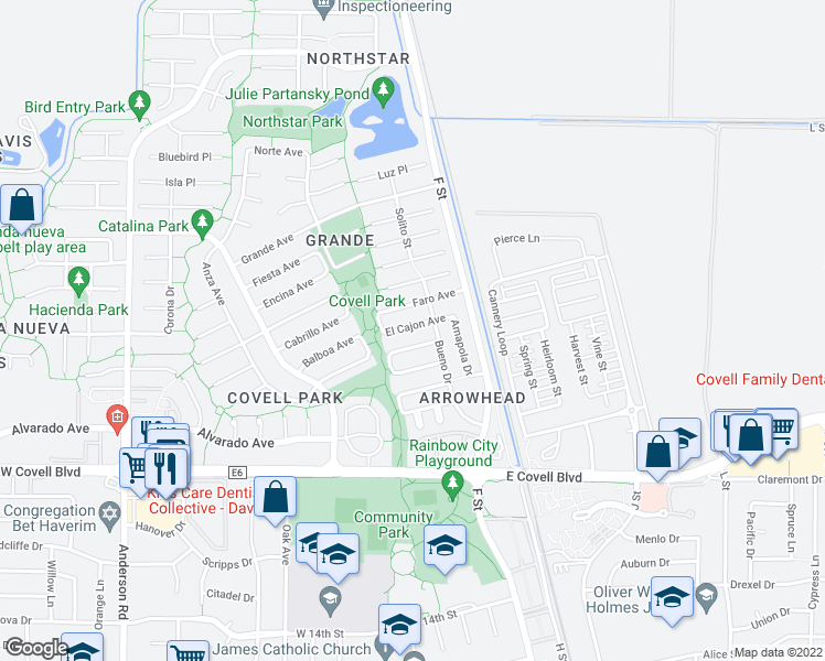 map of restaurants, bars, coffee shops, grocery stores, and more near 222 El Cajon Avenue in Davis