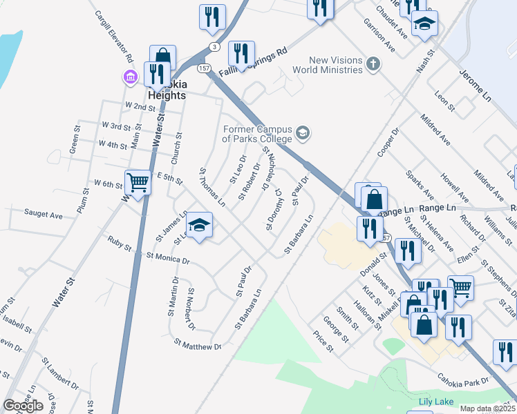 map of restaurants, bars, coffee shops, grocery stores, and more near 741 Saint Nicholas Drive in Cahokia