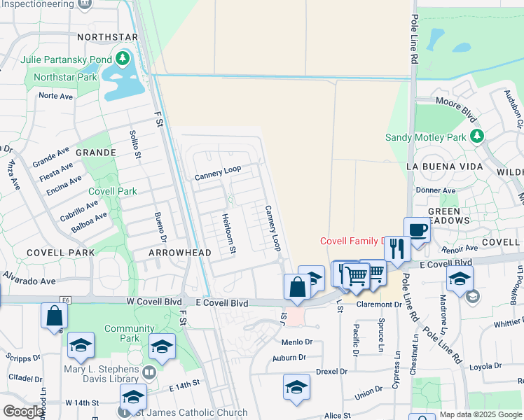 map of restaurants, bars, coffee shops, grocery stores, and more near 1061 Golden Sunray Terrace in Davis