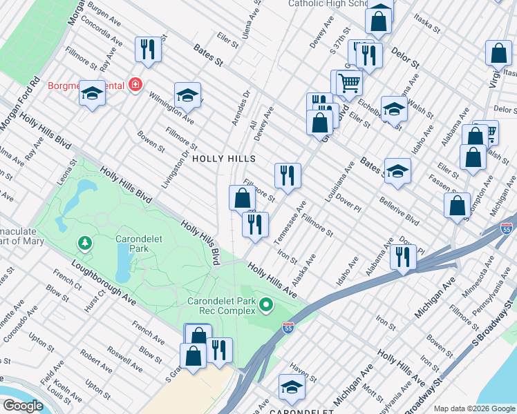 map of restaurants, bars, coffee shops, grocery stores, and more near 3629 Bowen Street in St. Louis
