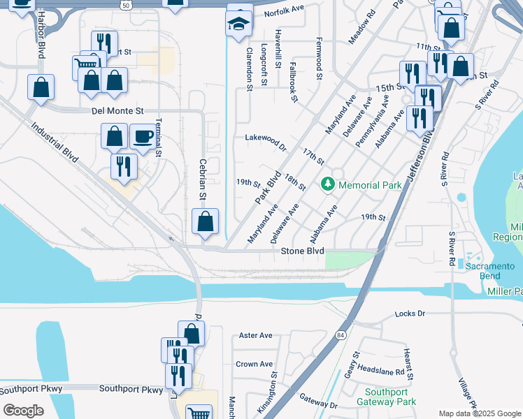 map of restaurants, bars, coffee shops, grocery stores, and more near 1906 Maryland Avenue in West Sacramento