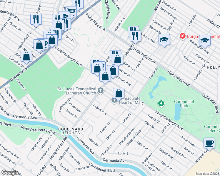 map of restaurants, bars, coffee shops, grocery stores, and more near 7000 Morgan Ford Road in St. Louis