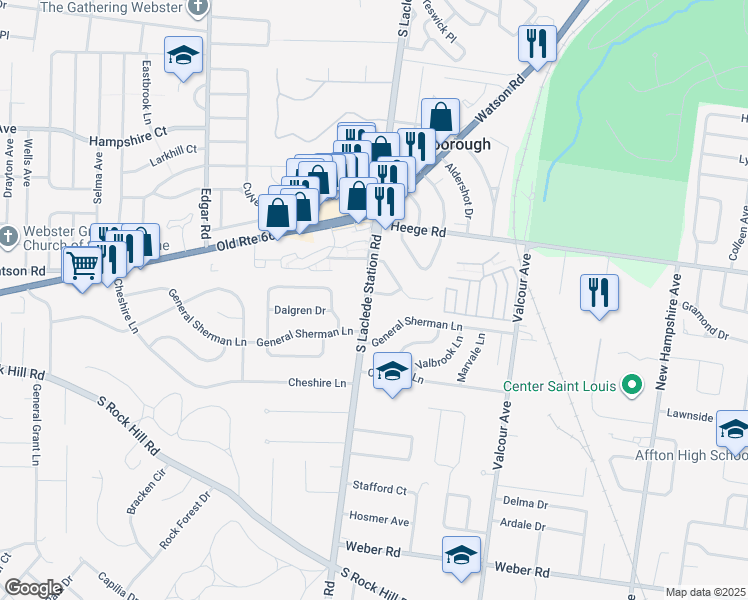 map of restaurants, bars, coffee shops, grocery stores, and more near 8120 South Laclede Station Road in St. Louis