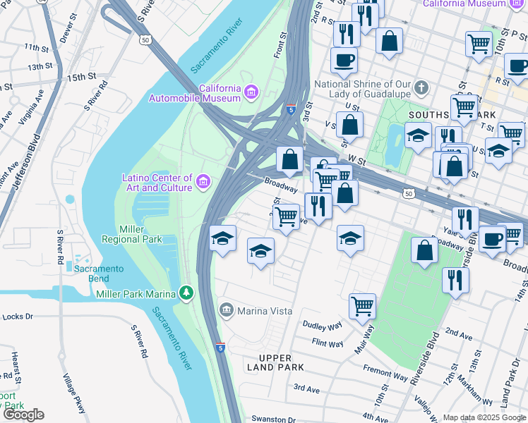 map of restaurants, bars, coffee shops, grocery stores, and more near 306 1st Avenue in Sacramento