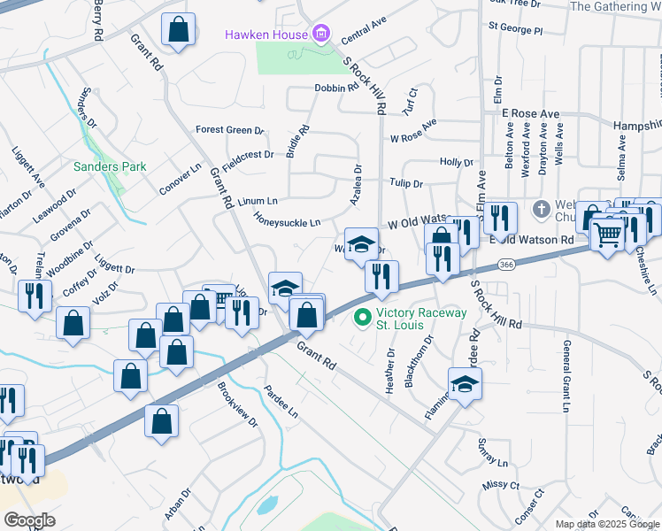 map of restaurants, bars, coffee shops, grocery stores, and more near 209 Watson Court in Webster Groves