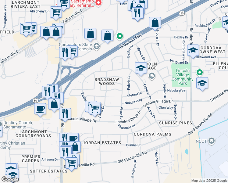 map of restaurants, bars, coffee shops, grocery stores, and more near 9816 Winterwood Way in Sacramento