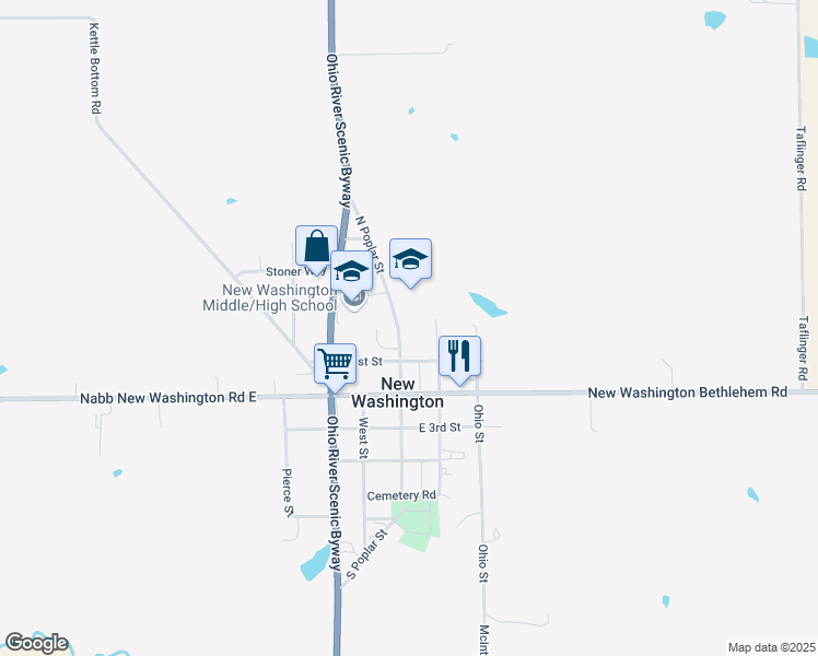 map of restaurants, bars, coffee shops, grocery stores, and more near 224 North Poplar Street in New Washington