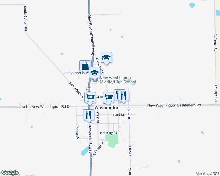 map of restaurants, bars, coffee shops, grocery stores, and more near 224 North Poplar Street in New Washington