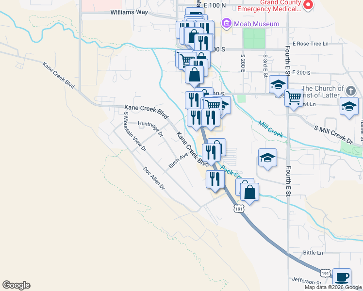 map of restaurants, bars, coffee shops, grocery stores, and more near 622 Kane Creek Boulevard in Moab