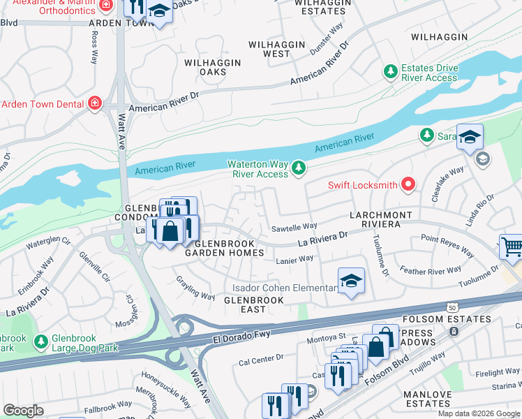 map of restaurants, bars, coffee shops, grocery stores, and more near 8825 Sawtelle Way in Sacramento
