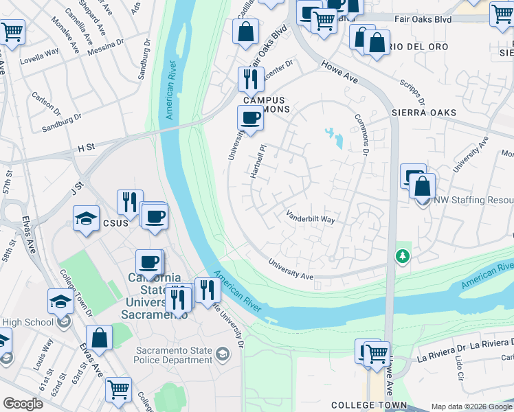 map of restaurants, bars, coffee shops, grocery stores, and more near 120 Hartnell Place in Sacramento