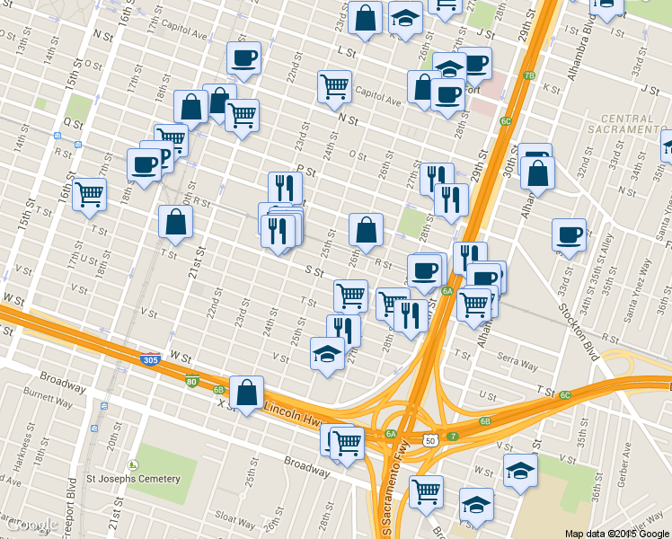 map of restaurants, bars, coffee shops, grocery stores, and more near 1821 26th Street in Sacramento