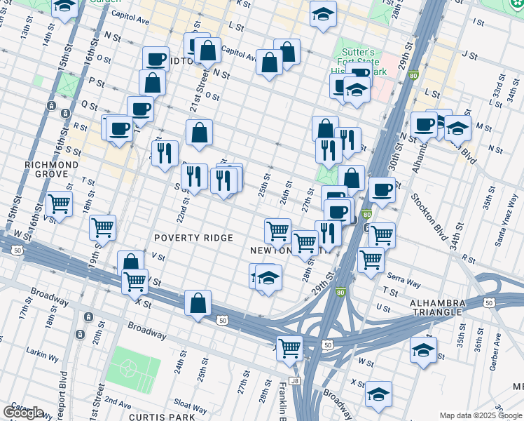 map of restaurants, bars, coffee shops, grocery stores, and more near 2500 S Street in Sacramento