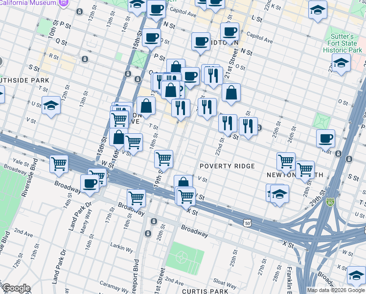 map of restaurants, bars, coffee shops, grocery stores, and more near 2028 20th Street in Sacramento