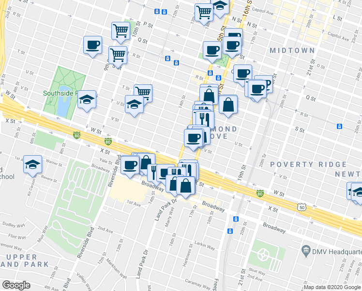 map of restaurants, bars, coffee shops, grocery stores, and more near in Sacramento