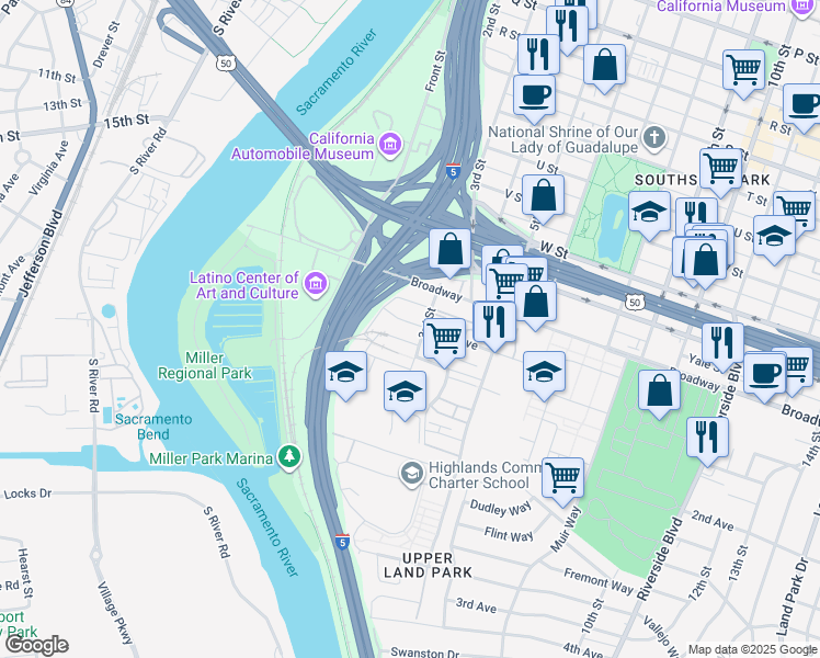 map of restaurants, bars, coffee shops, grocery stores, and more near 306 1st Avenue in Sacramento