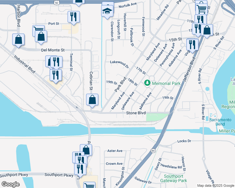 map of restaurants, bars, coffee shops, grocery stores, and more near 1906 Maryland Avenue in West Sacramento