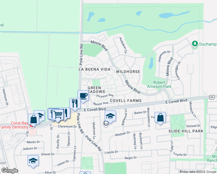 map of restaurants, bars, coffee shops, grocery stores, and more near 2019 Manet Place in Davis