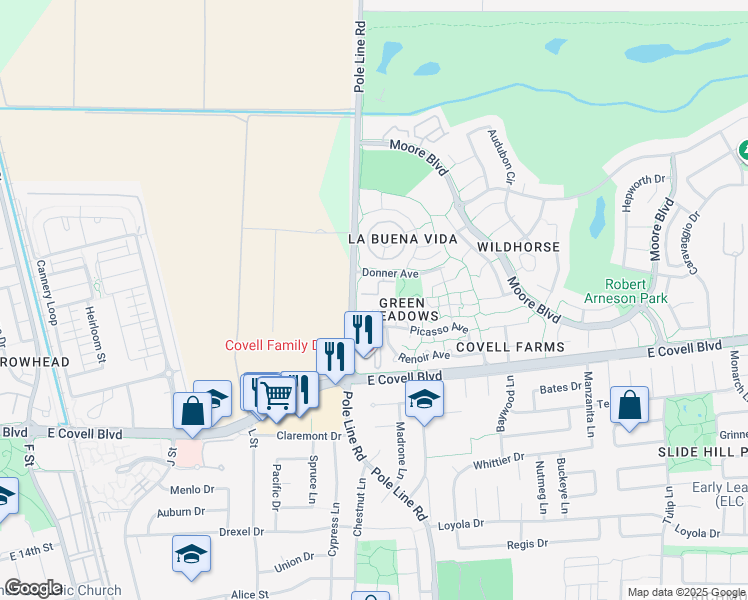 map of restaurants, bars, coffee shops, grocery stores, and more near 2400 Donner Avenue in Davis