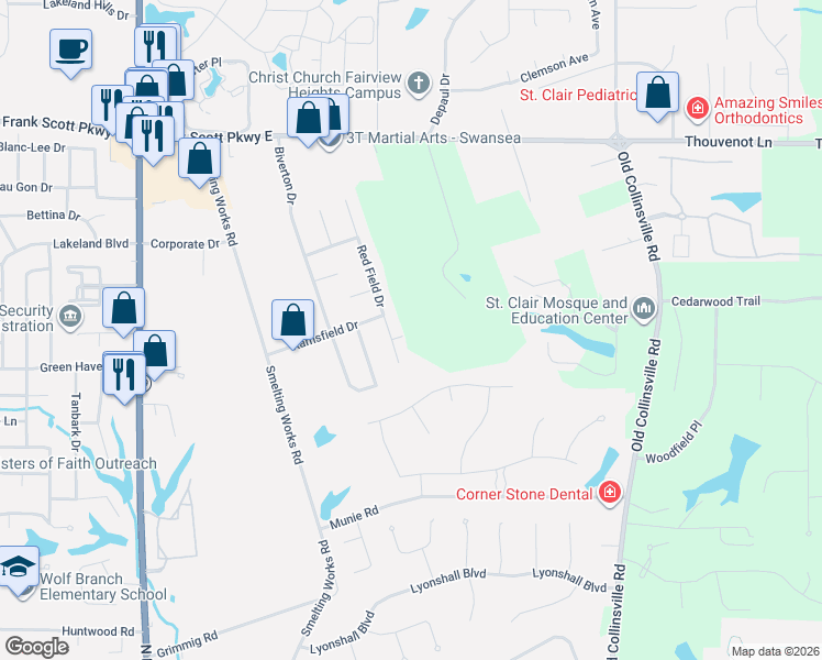 map of restaurants, bars, coffee shops, grocery stores, and more near 4176 Red Field Drive in Swansea