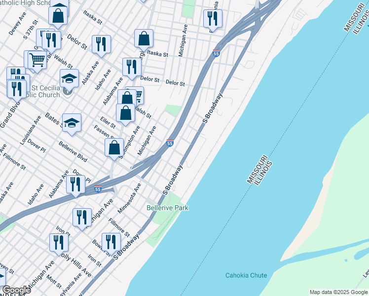 map of restaurants, bars, coffee shops, grocery stores, and more near 5217 South Broadway in St. Louis