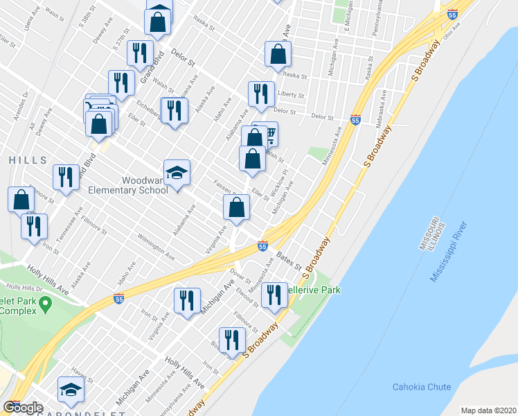 map of restaurants, bars, coffee shops, grocery stores, and more near 5415 Michigan Avenue in St. Louis