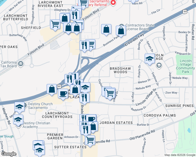 map of restaurants, bars, coffee shops, grocery stores, and more near 9617 Greensboro Circle in Sacramento