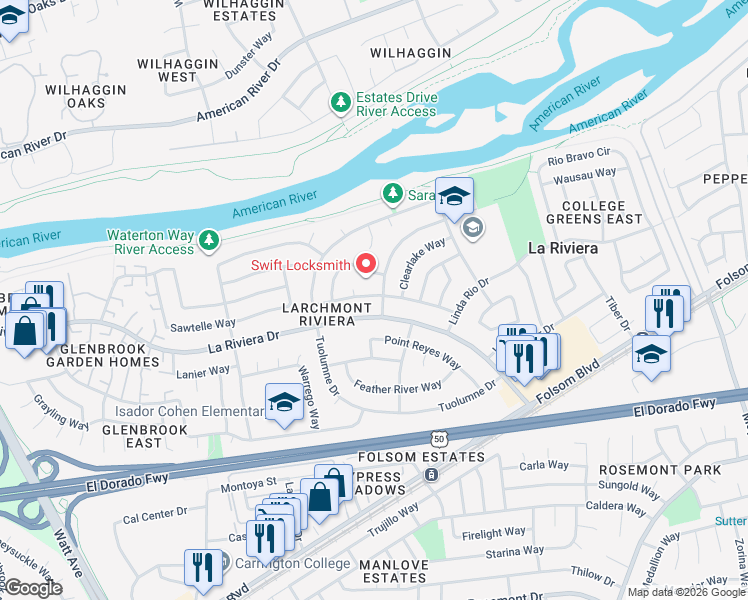 map of restaurants, bars, coffee shops, grocery stores, and more near 9054 Rawhide Way in Sacramento