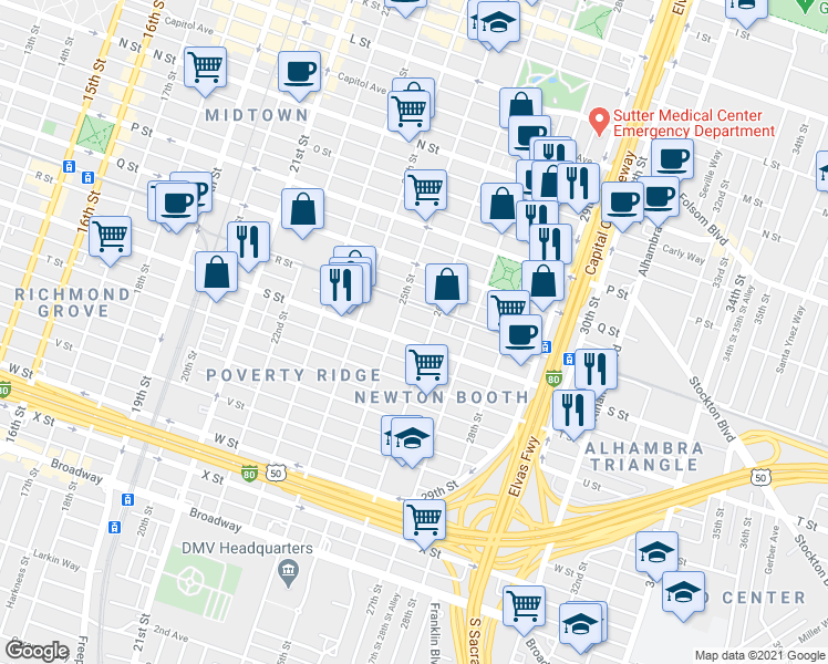 map of restaurants, bars, coffee shops, grocery stores, and more near 2515 S Street in Sacramento