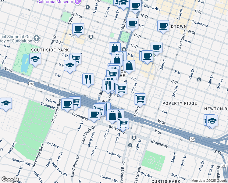 map of restaurants, bars, coffee shops, grocery stores, and more near 2130 16th Street in Sacramento