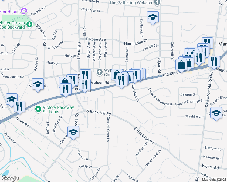 map of restaurants, bars, coffee shops, grocery stores, and more near 8460 Watson Road in St. Louis