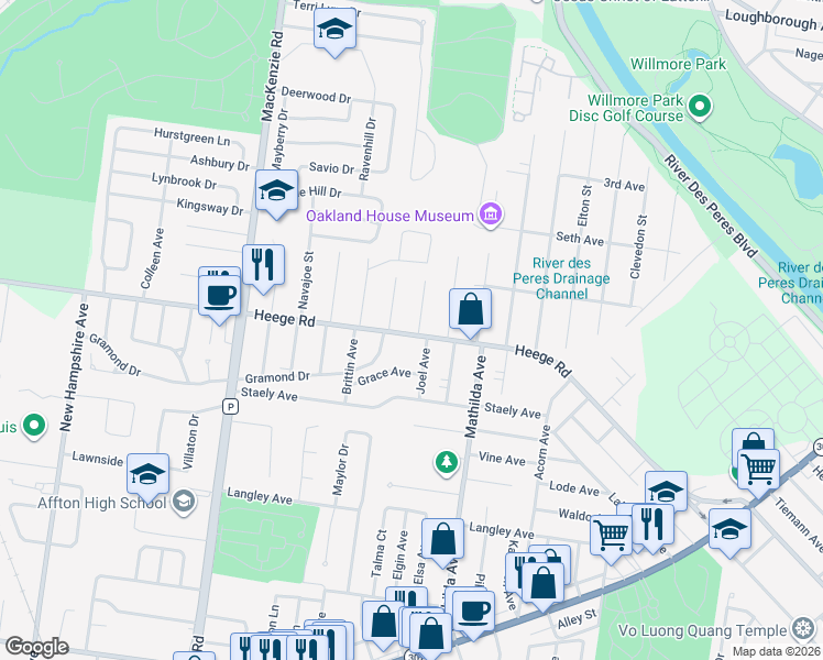 map of restaurants, bars, coffee shops, grocery stores, and more near 5818 Heege Road in Affton