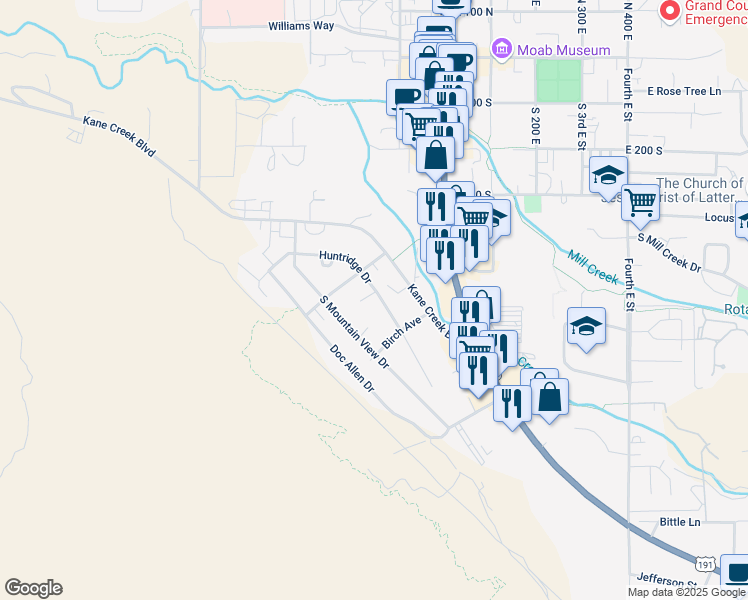 map of restaurants, bars, coffee shops, grocery stores, and more near 578 Huntridge Drive in Moab
