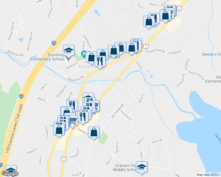 map of restaurants, bars, coffee shops, grocery stores, and more near 17855 Fraley Boulevard in Dumfries