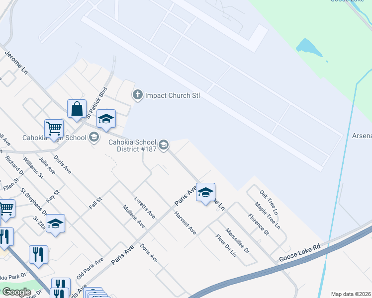 map of restaurants, bars, coffee shops, grocery stores, and more near 1012 Genevieve Place in East St. Louis