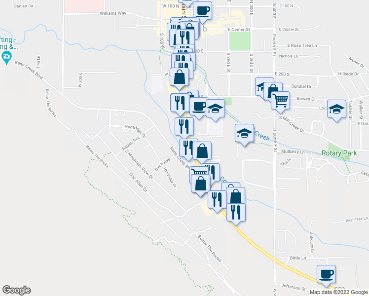map of restaurants, bars, coffee shops, grocery stores, and more near 550 South Main Street in Moab