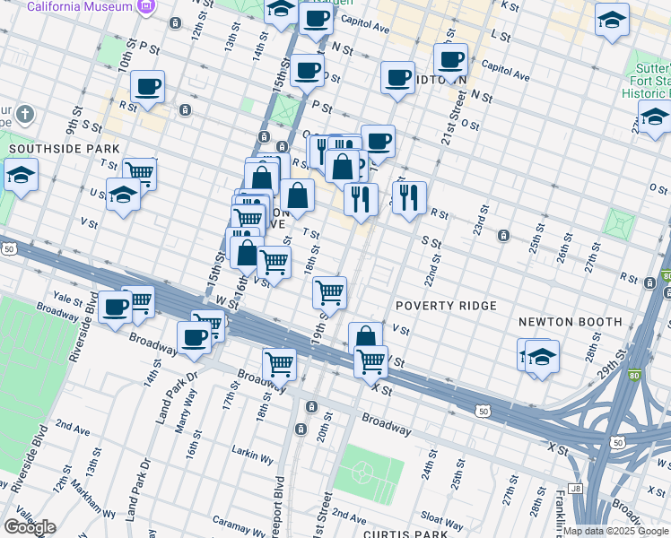 map of restaurants, bars, coffee shops, grocery stores, and more near 2030 19th Street in Sacramento