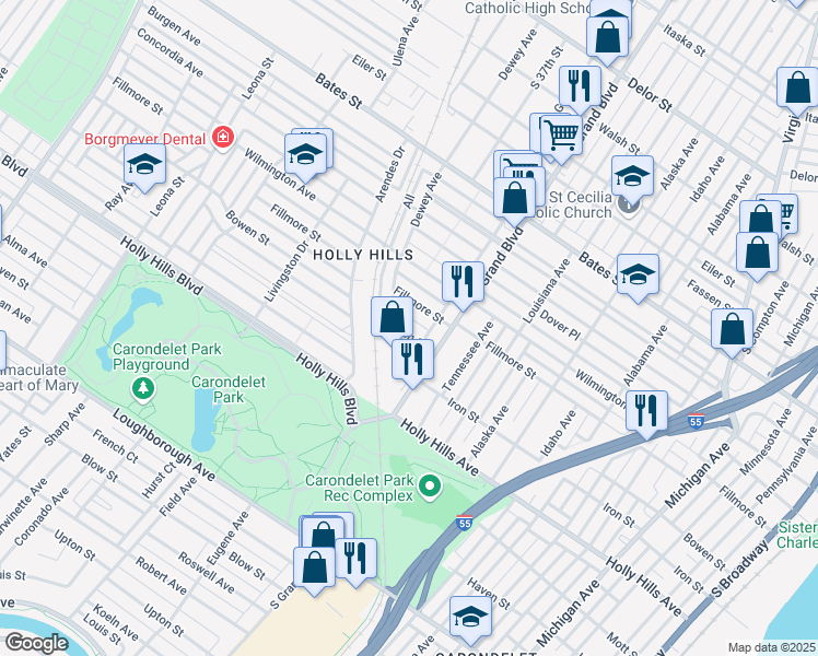 map of restaurants, bars, coffee shops, grocery stores, and more near 3637 Bowen Street in St. Louis