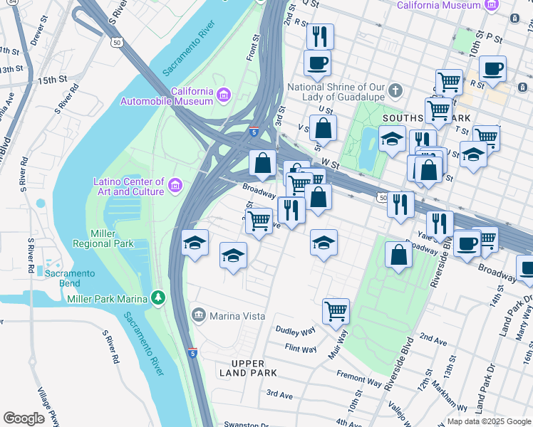 map of restaurants, bars, coffee shops, grocery stores, and more near 401 1st Avenue in Sacramento