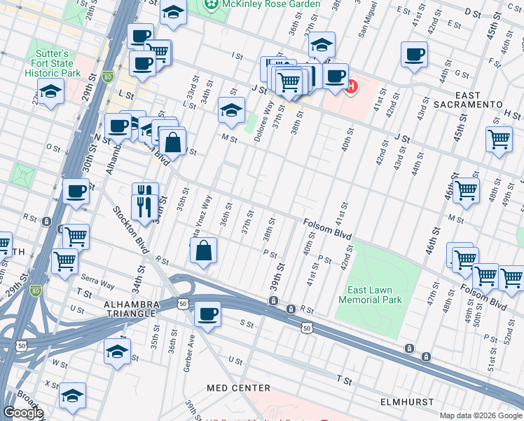 map of restaurants, bars, coffee shops, grocery stores, and more near 1508 38th Street in Sacramento