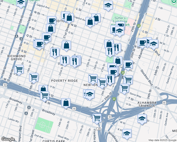 map of restaurants, bars, coffee shops, grocery stores, and more near 2509 S Street in Sacramento