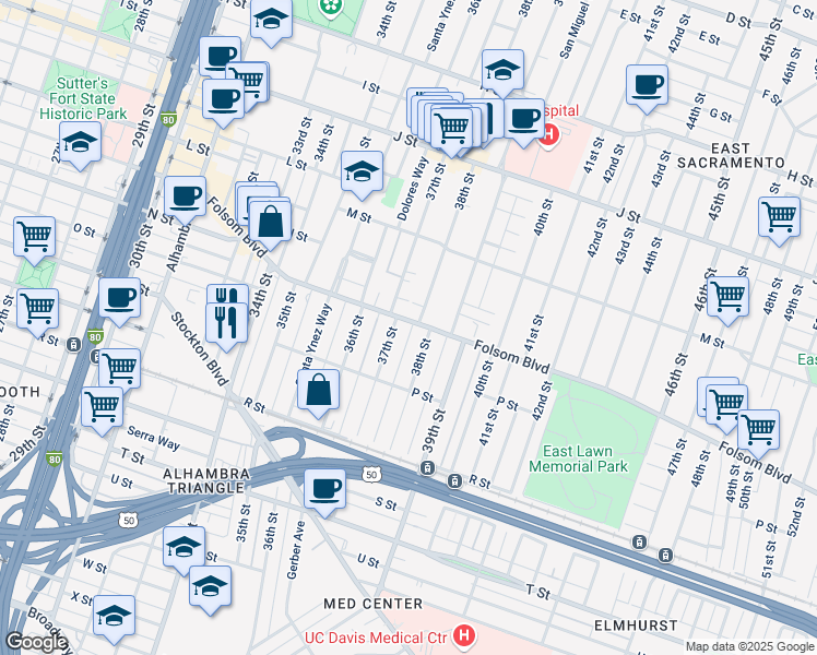 map of restaurants, bars, coffee shops, grocery stores, and more near 3716 Folsom Boulevard in Sacramento